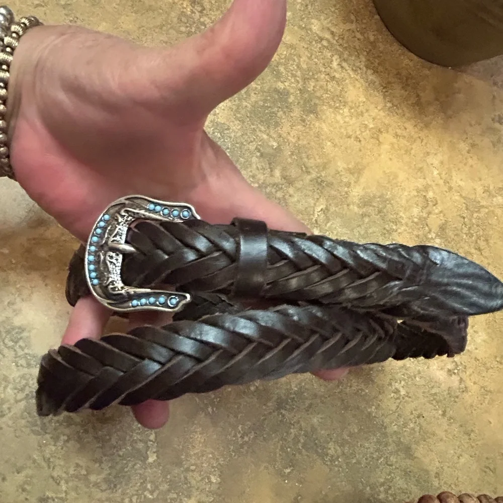 Western Italian Brown Braided Leather Belt with Silver Buckle(Unisex)